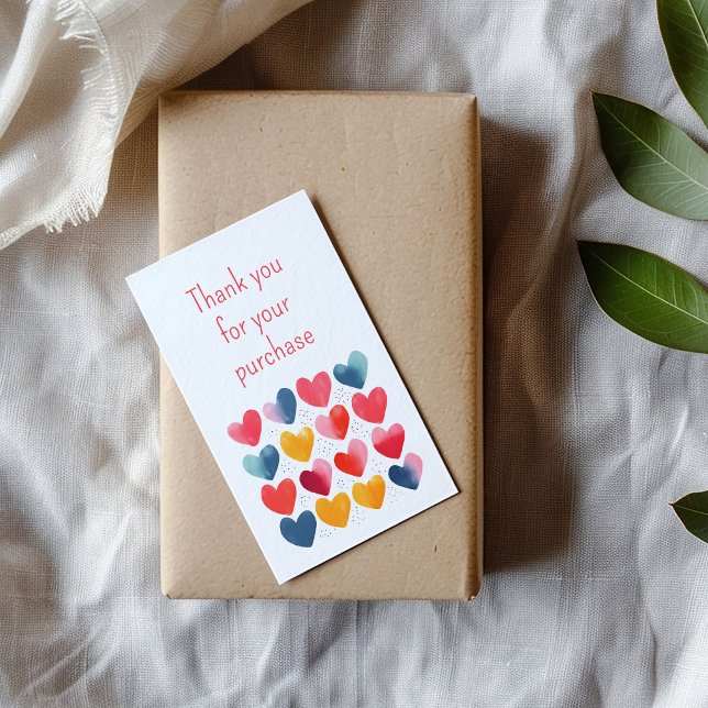 Thank you for your purchase love heart insert card (Thank you customer insert card with colorful hearts on kraft gift box.)