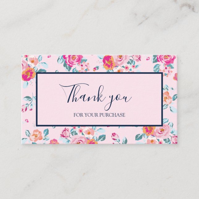 Thank You For Your Purchase Pink Roses Floral Business Card (Front)