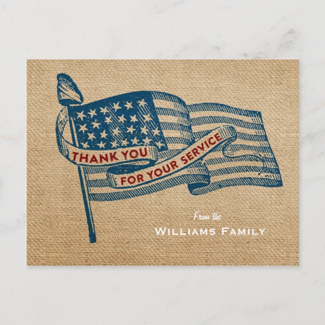 Thank You For Your Service Military Burlap Flag Postcard (Front)
