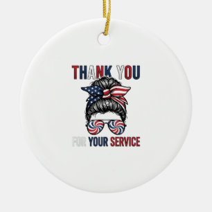 Thank You For Your Service Patriotic Messy Bun Shi Ceramic Ornament