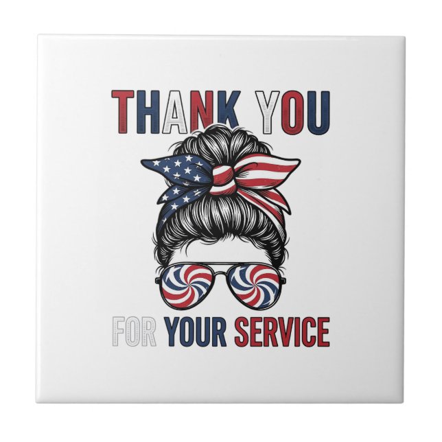 Thank You For Your Service Patriotic Messy Bun Shi Ceramic Tile (Front)