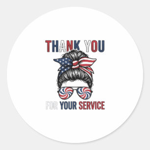 Thank You For Your Service Patriotic Messy Bun Shi Classic Round Sticker
