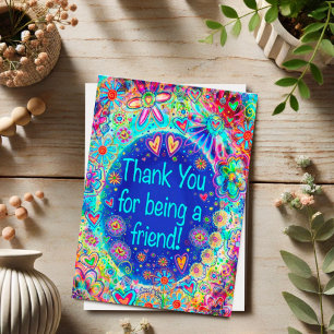 Thank You Friend Floral Blue Whimsical Heart Thank Card