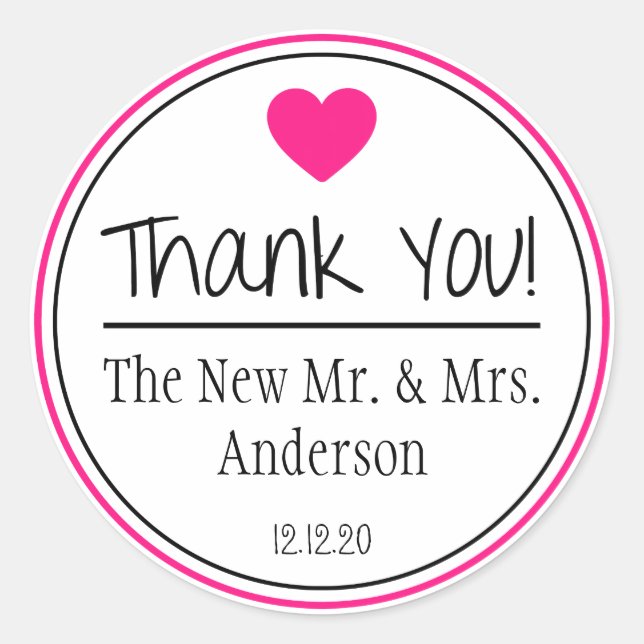 Thank You From The New Mr. & Mrs. (Hot Pink/Black) Classic Round Sticker (Front)