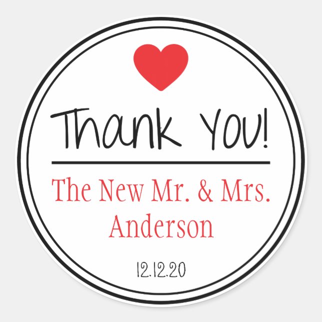Thank You From The New Mr. & Mrs. (Red / Black) Classic Round Sticker (Front)