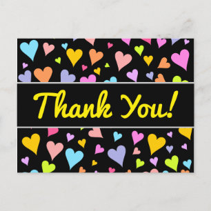 "Thank You!"; Fun, Loving, Colourful Hearts Patter Postcard