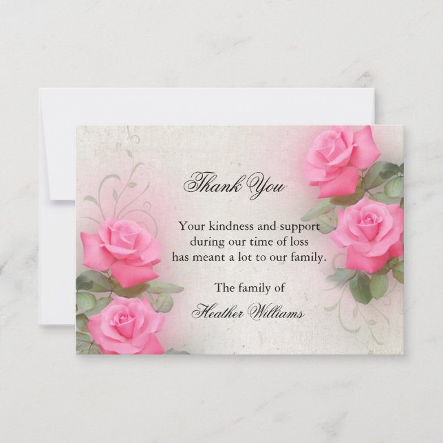 Thank You Funeral Cards, Pink Roses Note Card (Front)