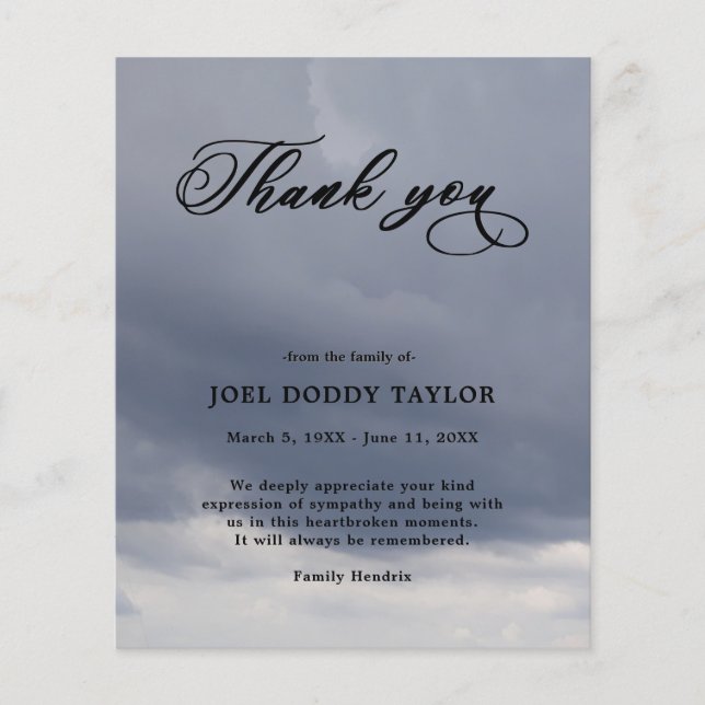 Thank You Funeral Cloudy Sympathy Grief Card (Front)
