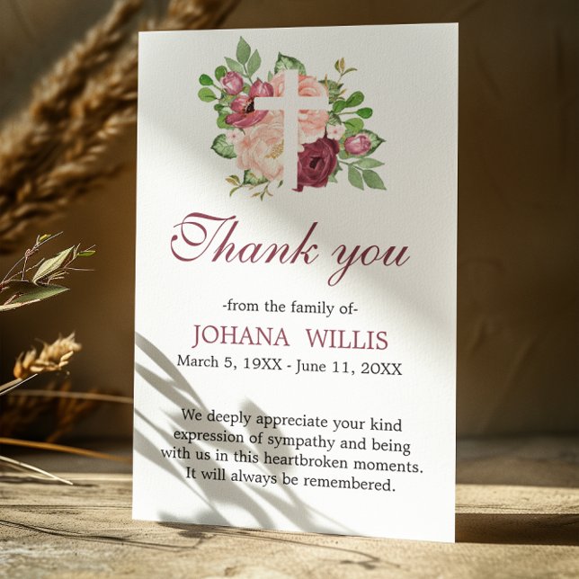 Thank You Funeral Floral Cross Sympathy Grief Card (Creator Uploaded)