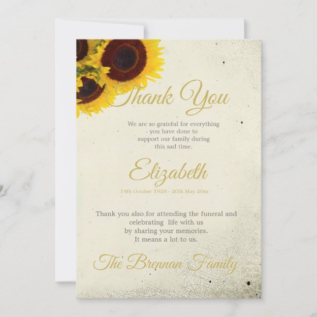Thank You Funeral Memorial Photo Sunflower Rustic (Front)