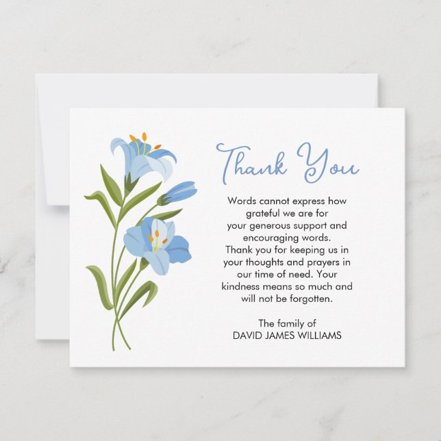 Thank you Funeral Note Card Blue Lily (Front)