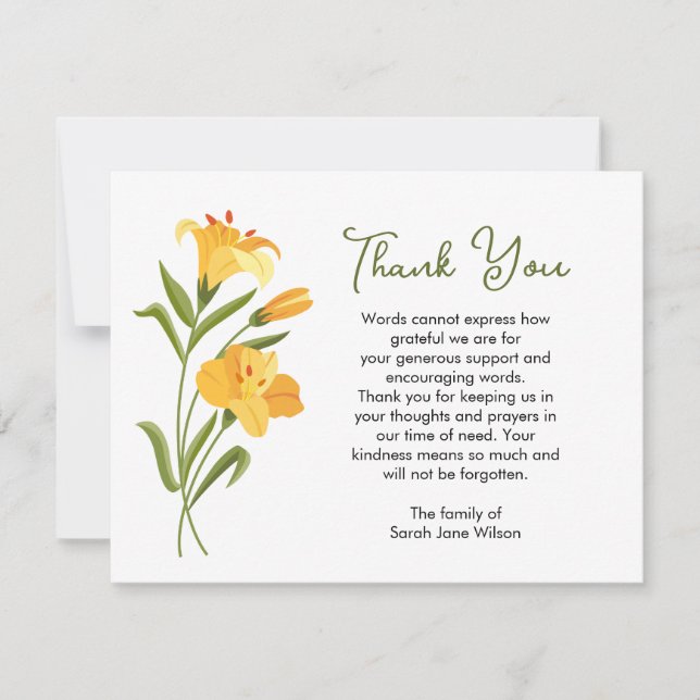 Thank you Funeral Note Card Orange Lily (Front)