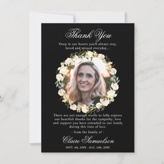 Thank You Funeral Sympathy Black Floral | PHOTO Card (Front)