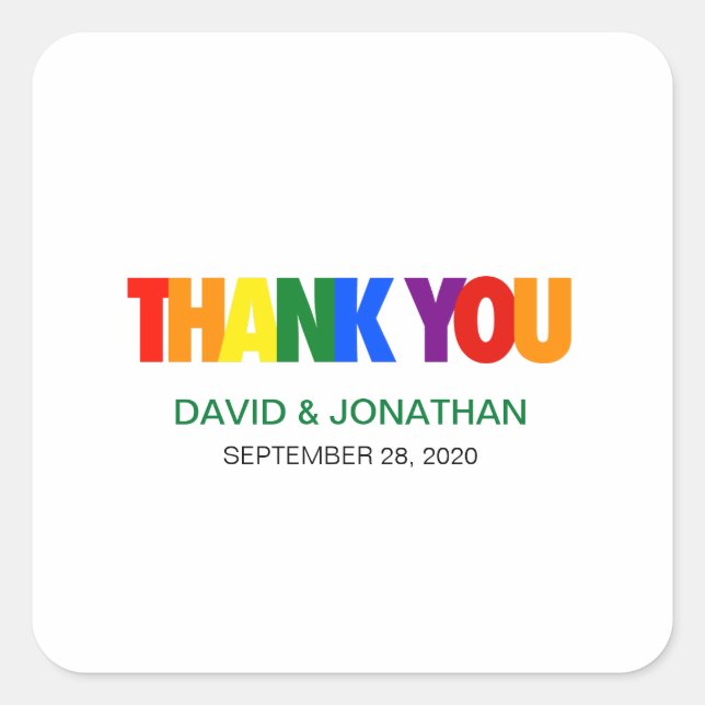 Thank you Gay Wedding Rainbow Flag Favour Square Sticker (Front)