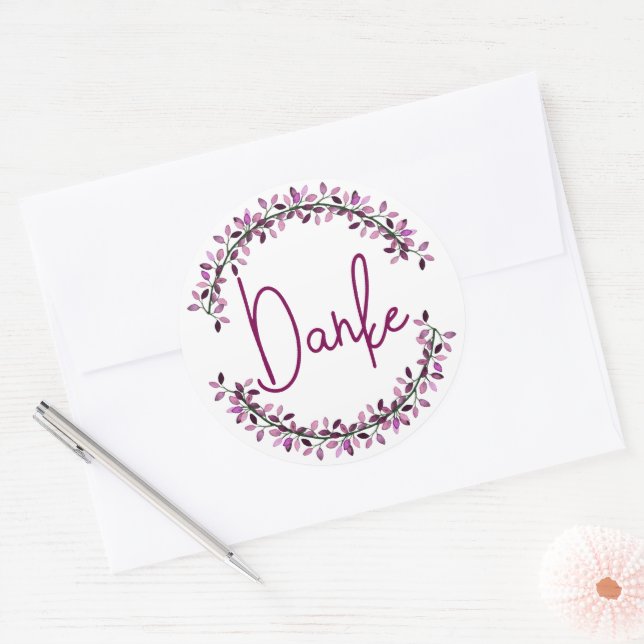 Thank You German Danke Typography Chic Leaf Wreath Classic Round Sticker (Envelope)