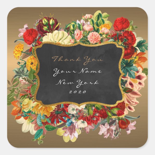 Thank You Gift Label Gold Red Roses Floral (Front)
