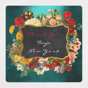 Thank You Gift Label Gold Teal Green Roses Floral