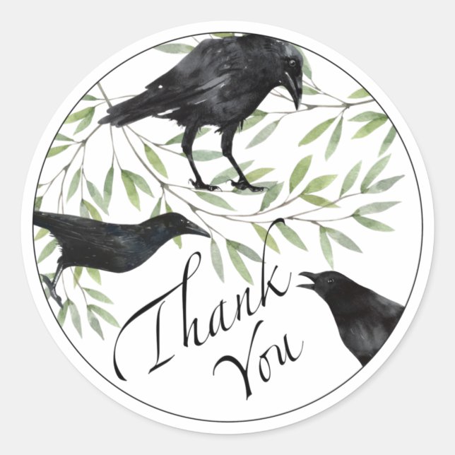Thank You Gift Stickers Crow Bird Flowers Sticker (Front)