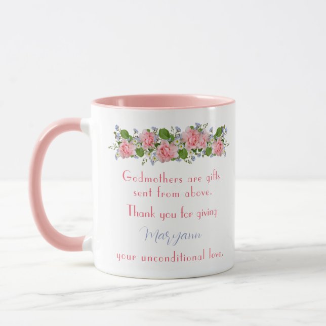 Thank You Godmother Gift Pink Flowers Personalised Mug (Left)