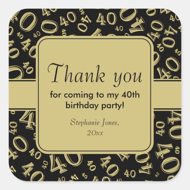 Thank You: Gold and Black 40th Number Pattern Square Sticker (Front)