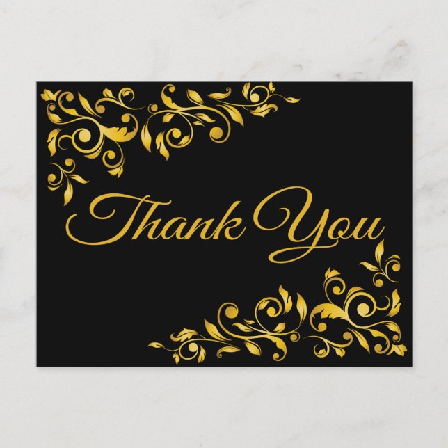 Thank You Gold And Black Floral Swirl Postcard (Front)