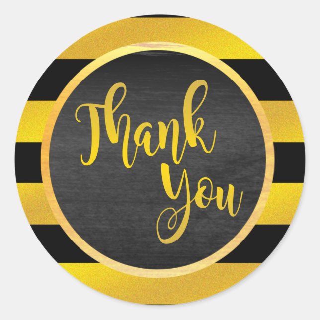 Thank You Gold Black Striped Glitter Classic Round Sticker (Front)