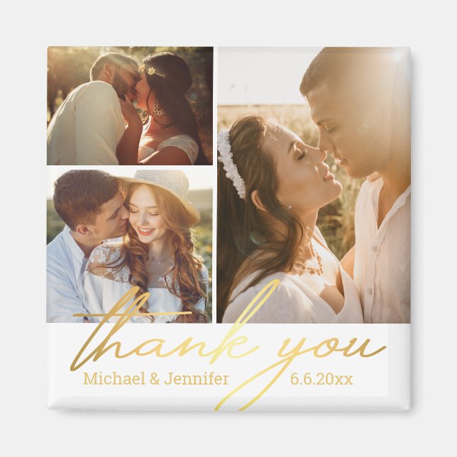 thank you gold calligraphy wedding 3 photo collage magnet (Front)