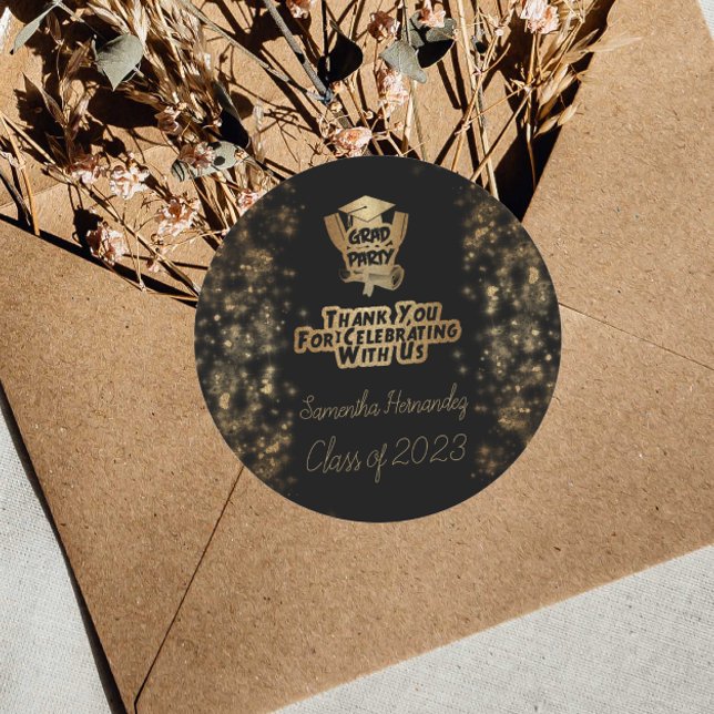 Thank You Gold Glitter & Black Graduation Party Classic Round Sticker (Creator Uploaded)