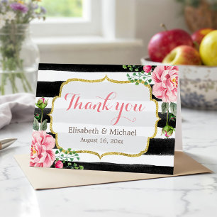 Thank You Gold Glitter Watercolor Floral Stripes Card