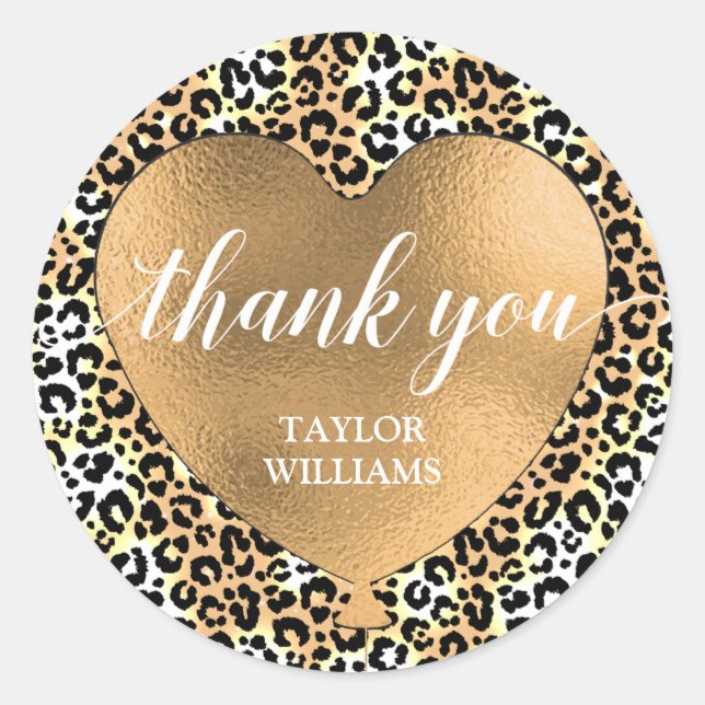Thank You Gold Heart Balloon Leopard Classic Round Sticker (Front)