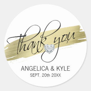 Thank you Gold Heart Diamond Wedding Bridal Classic Round Sticker