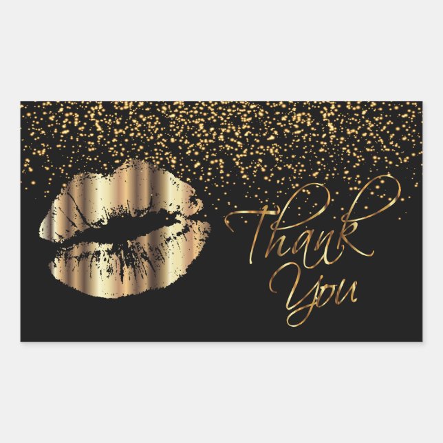 Thank You - Gold Metal Lips with Gold Confetti Rectangular Sticker (Front)
