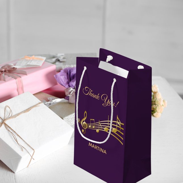 Thank You gold music notes on chic purple backdrop Small Gift Bag (Creator Uploaded)