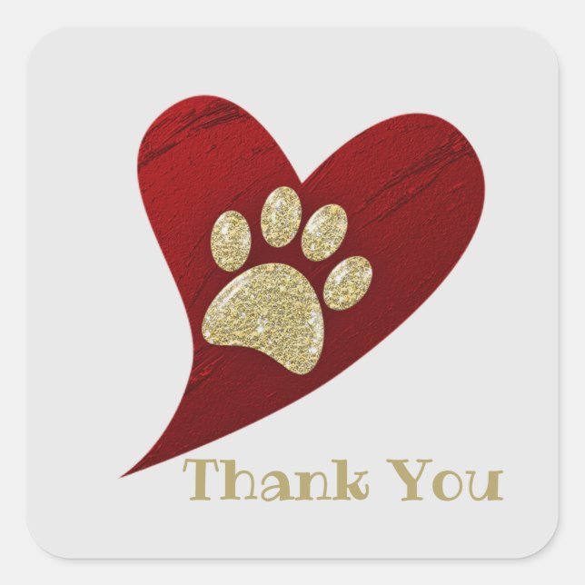 Thank You Gold Paw Print Red Heart Appreciation Square Sticker (Front)
