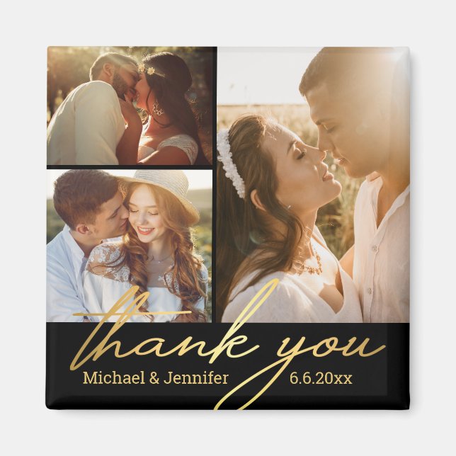 thank you gold script wedding 3 photos black magnet (Front)