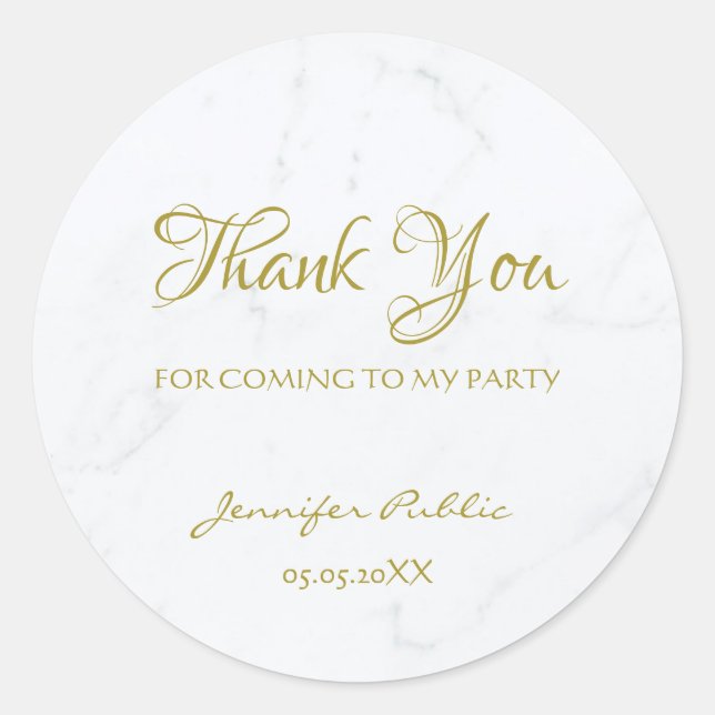 Thank You Gold Script White Marble Template Classic Round Sticker (Front)