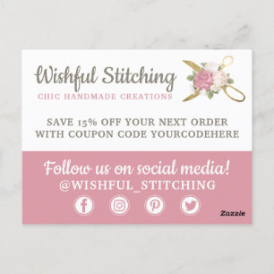 Thank You Gold Sewing Scissors Shabby Chic Floral Postcard