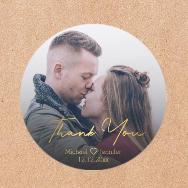 thank you,golden chic handwriting wedding photo   classic round sticker (Creator Uploaded)
