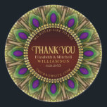 Thank You Golden Peacock Feathers Mandala  Classic Round Sticker<br><div class="desc">Bold and beautiful design : Customisable text with a circle of peacock feathers. Gorgeous greens and purples colours with rich gold trims. | These decorative custom name and details makes standout design for many special events - fully customisable ♥ Engagement / Wedding (or anniversary) keepsake gifts for the special couple...</div>