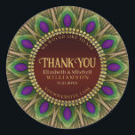 Thank You Golden Peacock Feathers Mandala  Classic Round Sticker<br><div class="desc">Bold and beautiful design : Customisable text with a circle of peacock feathers. Gorgeous greens and purples colours with rich gold trims. | These decorative custom name and details makes standout design for many special events - fully customisable ♥ Engagement / Wedding (or anniversary) keepsake gifts for the special couple...</div>