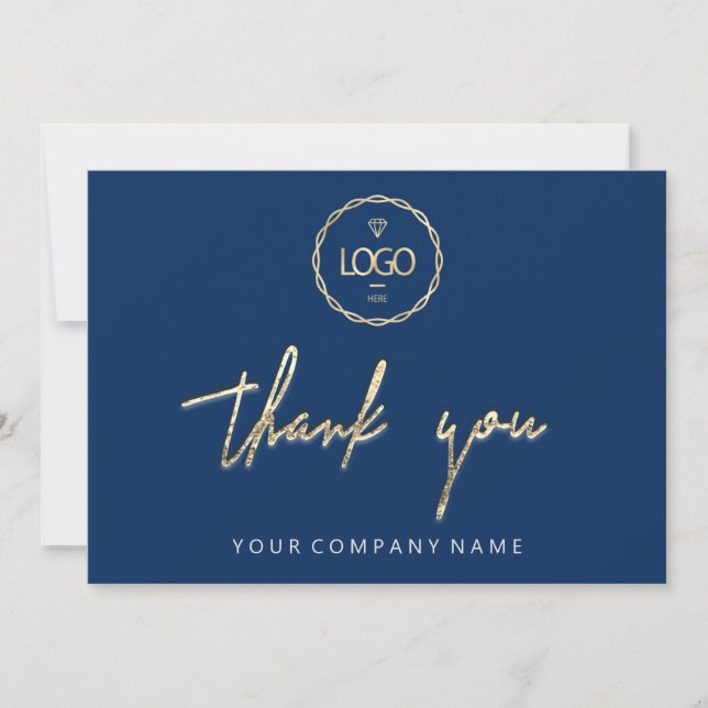 Thank You Golden Script Business  Logo Blue Navy Invitation (Front)