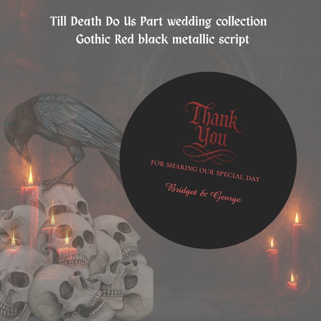 Thank you Gothic Red Metallic Script on Black Classic Round Sticker (Creator Uploaded)