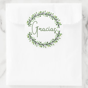 Thank You Gracias Dark Green Typography Wreath Classic Round Sticker