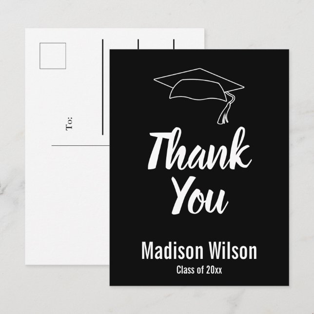 Thank You Grad's Name Black and White Graduation Announcement Postcard (Front/Back)