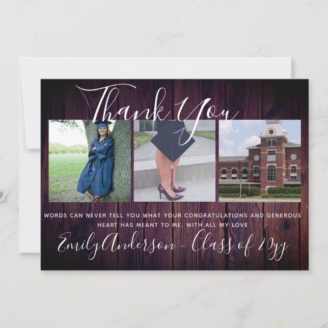 Thank You Graduation Card 3 x PHOTO Collage Rustic (Front)