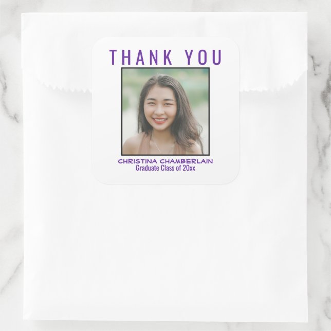 Thank You Graduation Purple Black Custom Photo Square Sticker (Bag)
