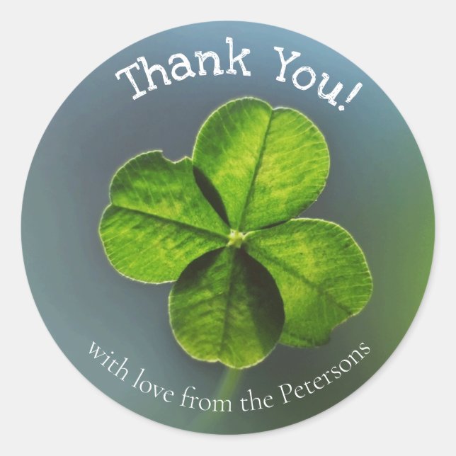 Thank You Green Four Leaf Clover with Name Classic Round Sticker (Front)