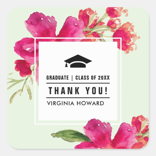 Thank You. Green Mint | Fuchsia Floral Graduation  Square Sticker (Front)