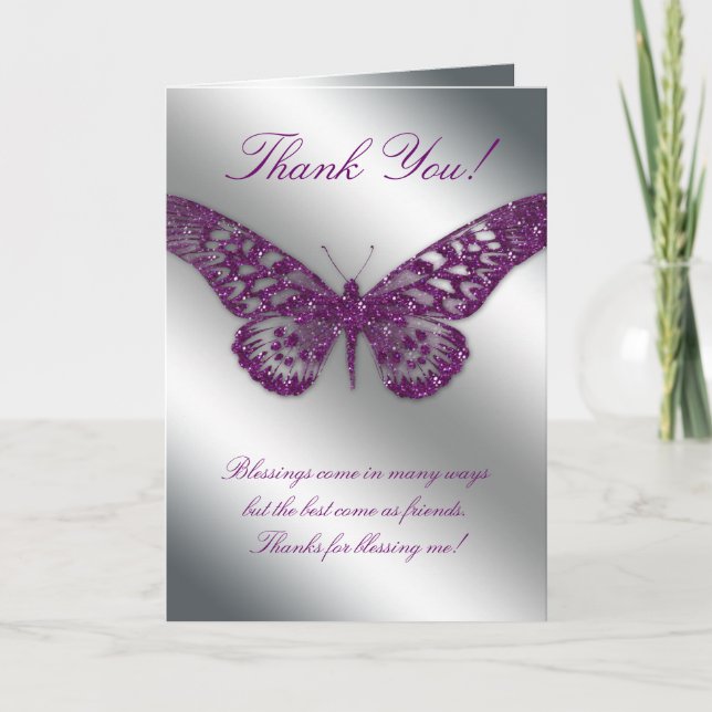 Thank You Greeting Card Butterfly Purple Silver (Front)