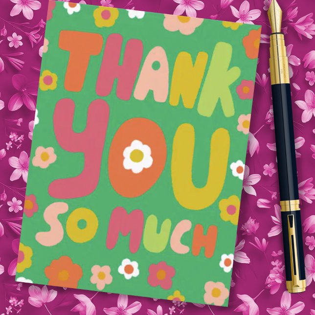 THANK YOU Groovy Daisies Colourful Bubble Letters  Postcard (Thank you so much! Customizable postcard with colorful happy daisy artwork. )